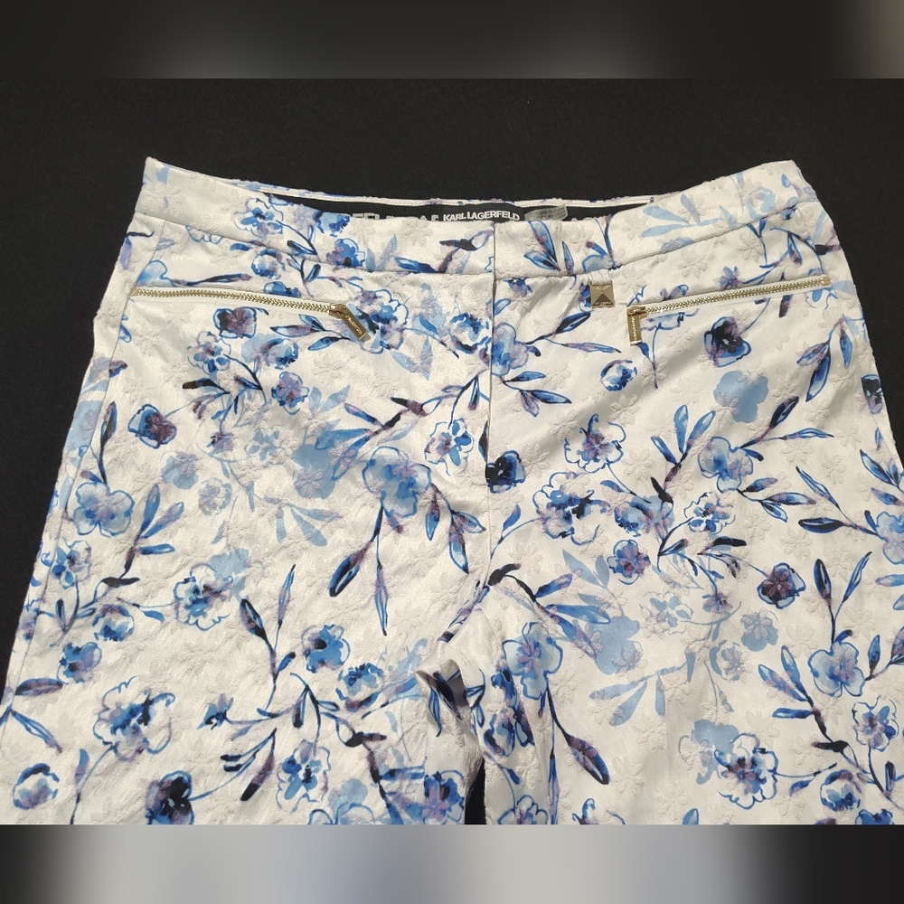 Karl Lagerfeld Women's White Blue Floral Jacquard Print Pants Slacks Size 10 - Picture 3 of 12